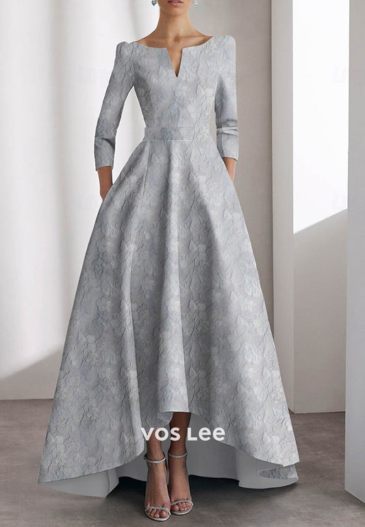 High Low A-Line 3/4 Sleeve Scoop Floral Embellished Evening Dresses