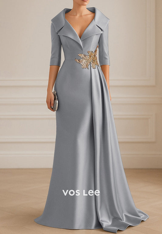 Half Sleeve V Neck Appliqued Satin Floor-Length Sheath Evening Dresses