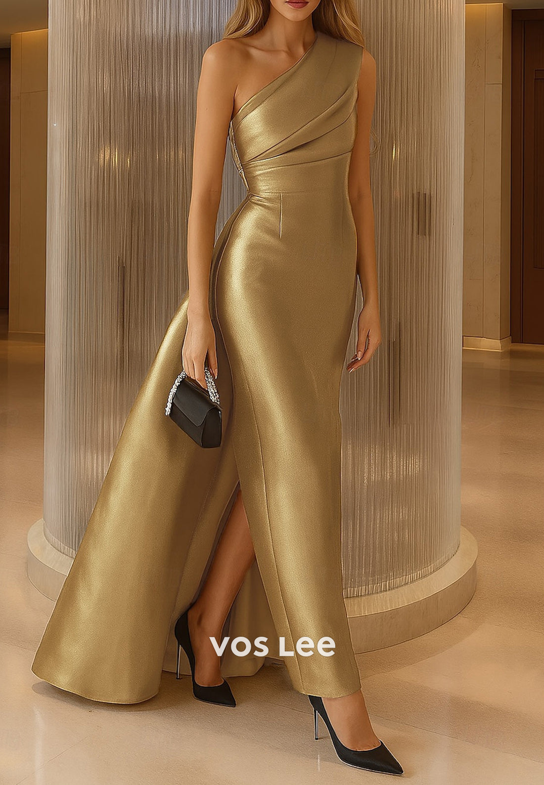 One Shoulder Floor-Length Ruched Sheath Evening Dresses with Split