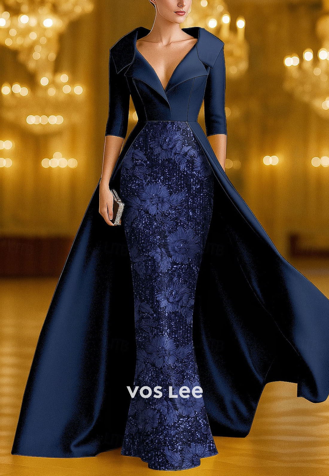 Sequin Flower V Neck Half Sleeves Sheath Formal Gown