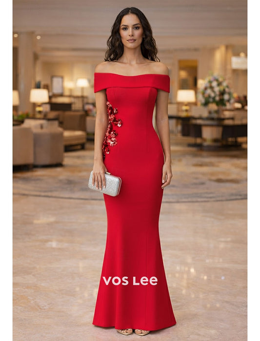 Red Off-the-Shoulder Mermaid Evening Gown | 3D Floral Appliqué Formal Dress