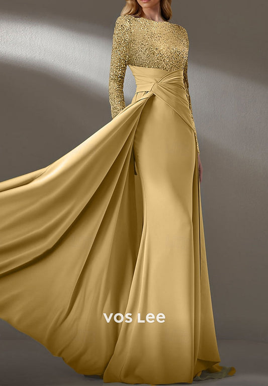 Gold Sequined Long Sleeve Scoop Mermaid Evening Dresses with Sweep Train