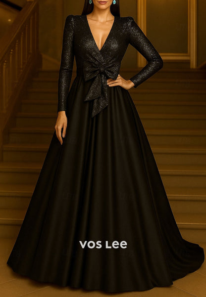 Sequin V Neck A-Line Long Sleeve Pleat Satin Evening Gown