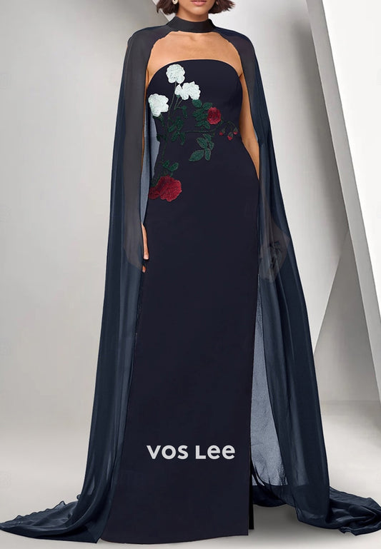 Classic Tube Top Flowers Embellished Floor-Length Sheath Evening Dresses