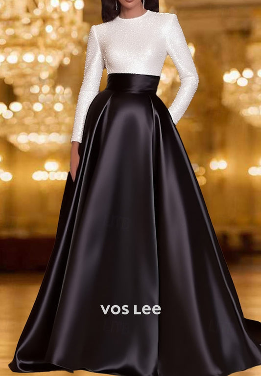 High-Neck Sequined Long-Sleeves A Line Evening Dress