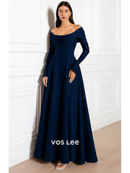 Fuchsia Off-the-Shoulder Satin A-Line Gown | Long Sleeve Formal Evening Dress