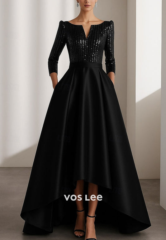Elegant Sequined Long Sleeve V Neck Satin A-Line Evening Gown