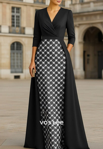 Sophistication 3/4 Length Sleeve V Neck Pearls A-Line Evening Gown with Overskirt