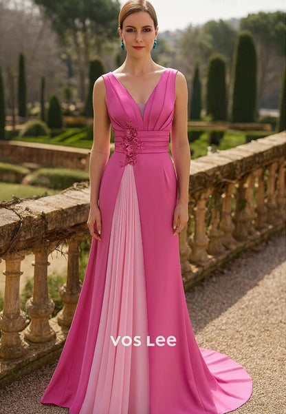 A-Line V Neck Cocktail Sleeveless Chiffon Satin with Pleats Appliques