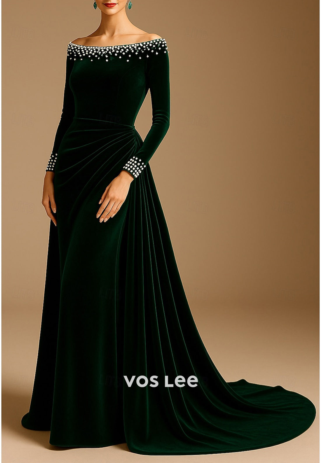 Black A-Line Velvet Long Sleeve Pearl Off the Shoulder Evening Dresses with Court Train