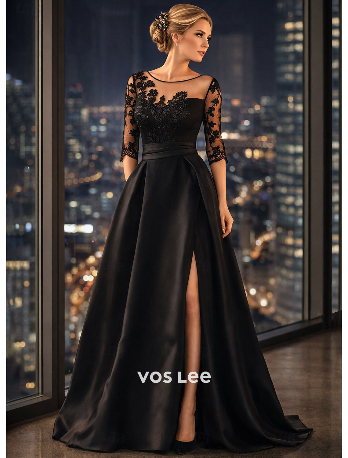 Elegant Black Formal Gown | Sheer Lace Bodice Satin Skirt with High Slit Wedding Guest & Gala