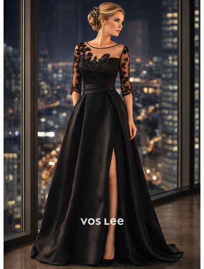 Elegant Black Formal Gown | Sheer Lace Bodice Satin Skirt with High Slit Wedding Guest & Gala