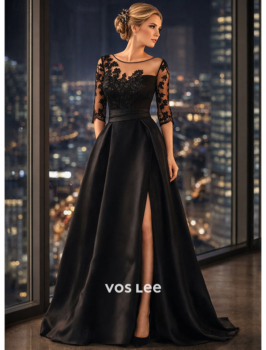 Elegant Black Formal Gown | Sheer Lace Bodice Satin Skirt with High Slit Wedding Guest & Gala