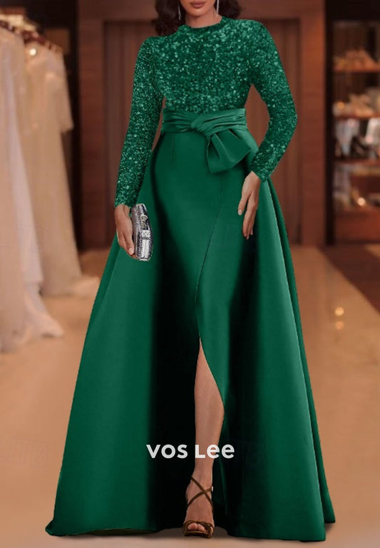 High-Neck Sequined Long-Sleeves A Line Evening Dress Formal Gowns