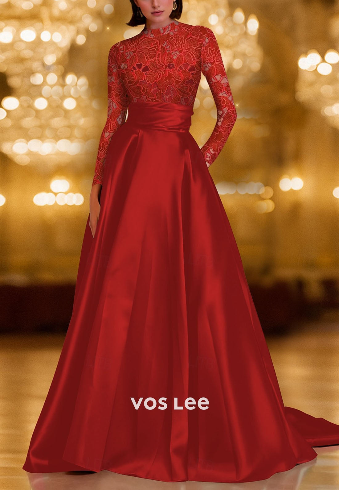 Elegant A-Line Lace Long Sleeve Satin Evening Gown