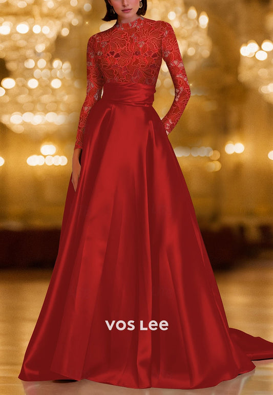 Elegant A-Line Lace Long Sleeve Satin Evening Gown