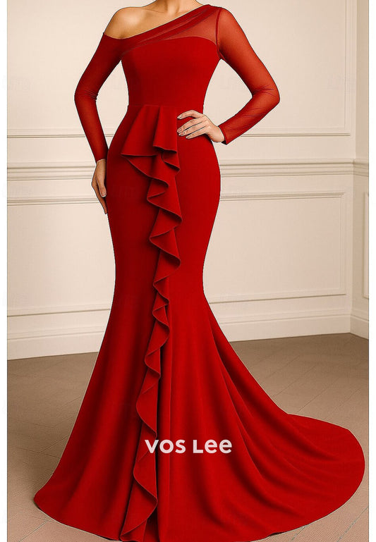 Sheer Long Sleeves One-Shoulder Mermaid Ruffles Evening Dress