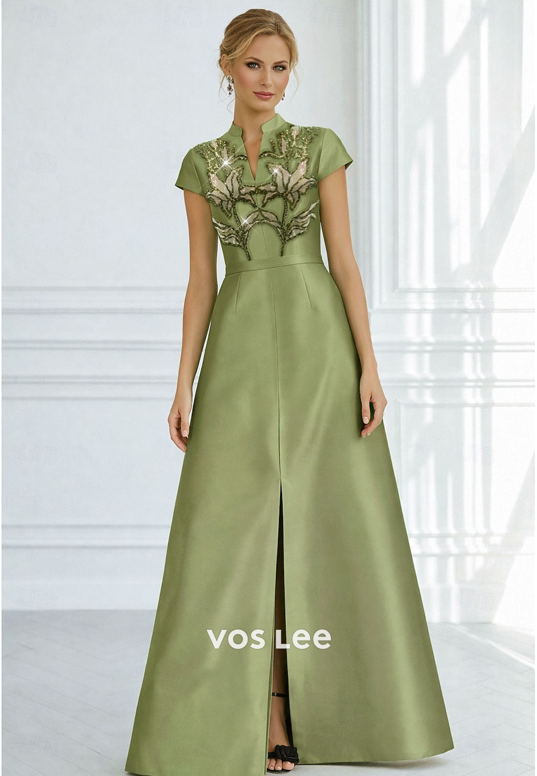 Elegant Sage Green Mother of the Bride Dress | Mandarin Collar A-Line Gown with Front Slit
