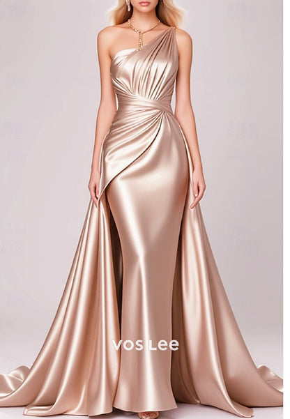 Classic One Shoulder Mermaid Pleated Evening Dresses with Court Train