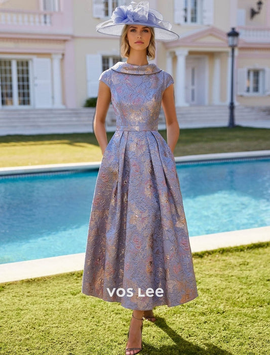 Elegant Metallic Jacquard Midi Dress Cowl Neck Cap Sleeve Formal Dress with Pockets