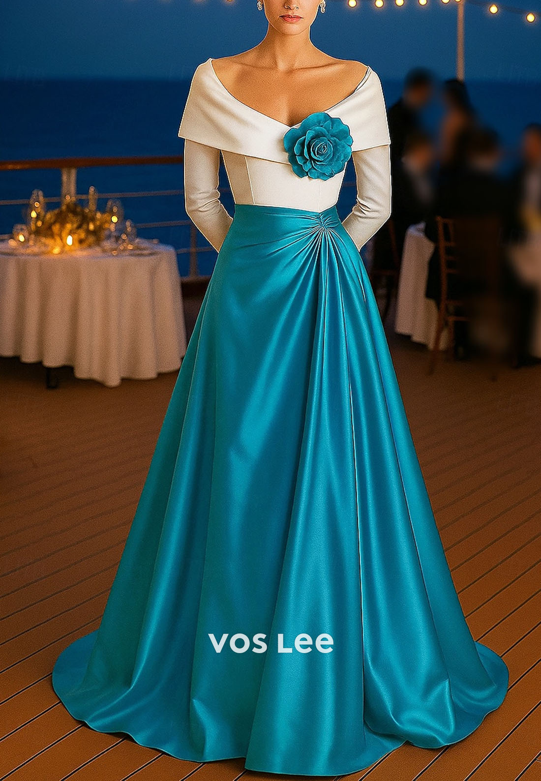 Elegant Long Sleeves A Line Satin Evening Dress WIth 3D Flower