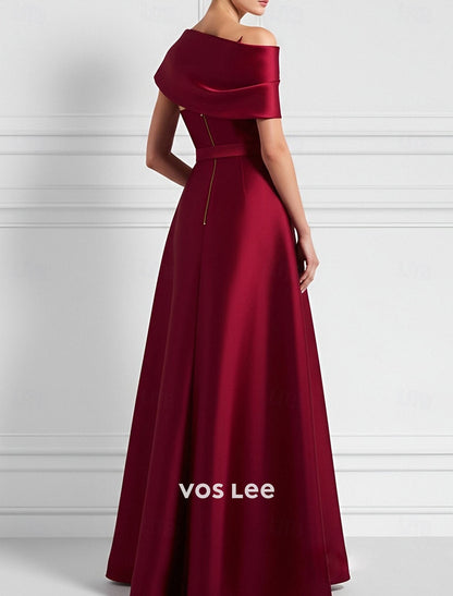 Elegant Red Satin Evening Gown | Off-the-Shoulder Belted Dress for Wedding Guests & Special Occasions