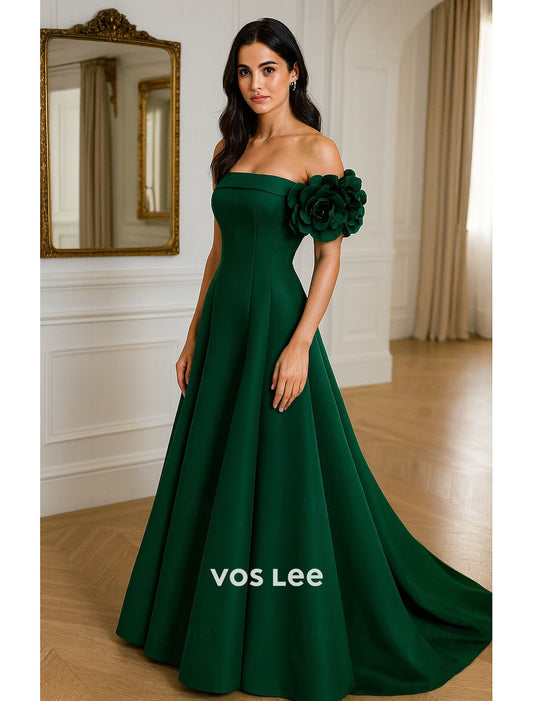 Red Off-the-Shoulder A-Line Gown – Satin Formal Dress with Oversized 3D Rose Detail