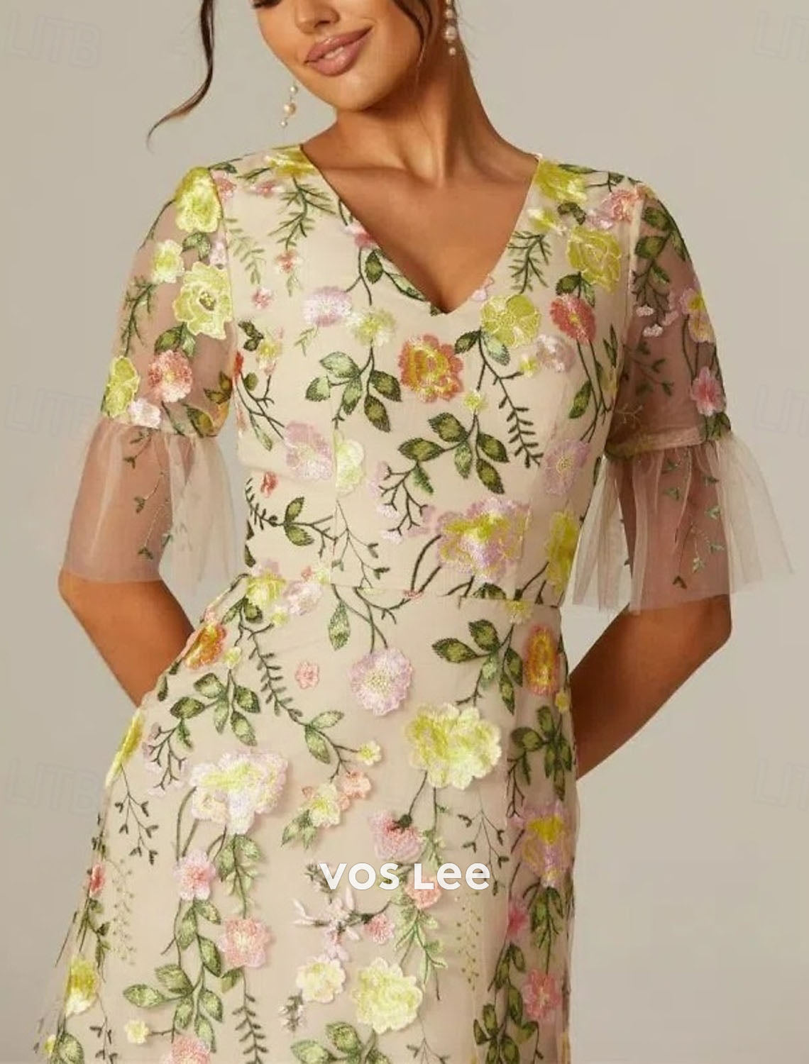 Floral Embroidered Tulle Maxi Dress | V-Neck Short Sleeve Wedding Guest Gown