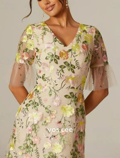 Floral Embroidered Tulle Maxi Dress | V-Neck Short Sleeve Wedding Guest Gown