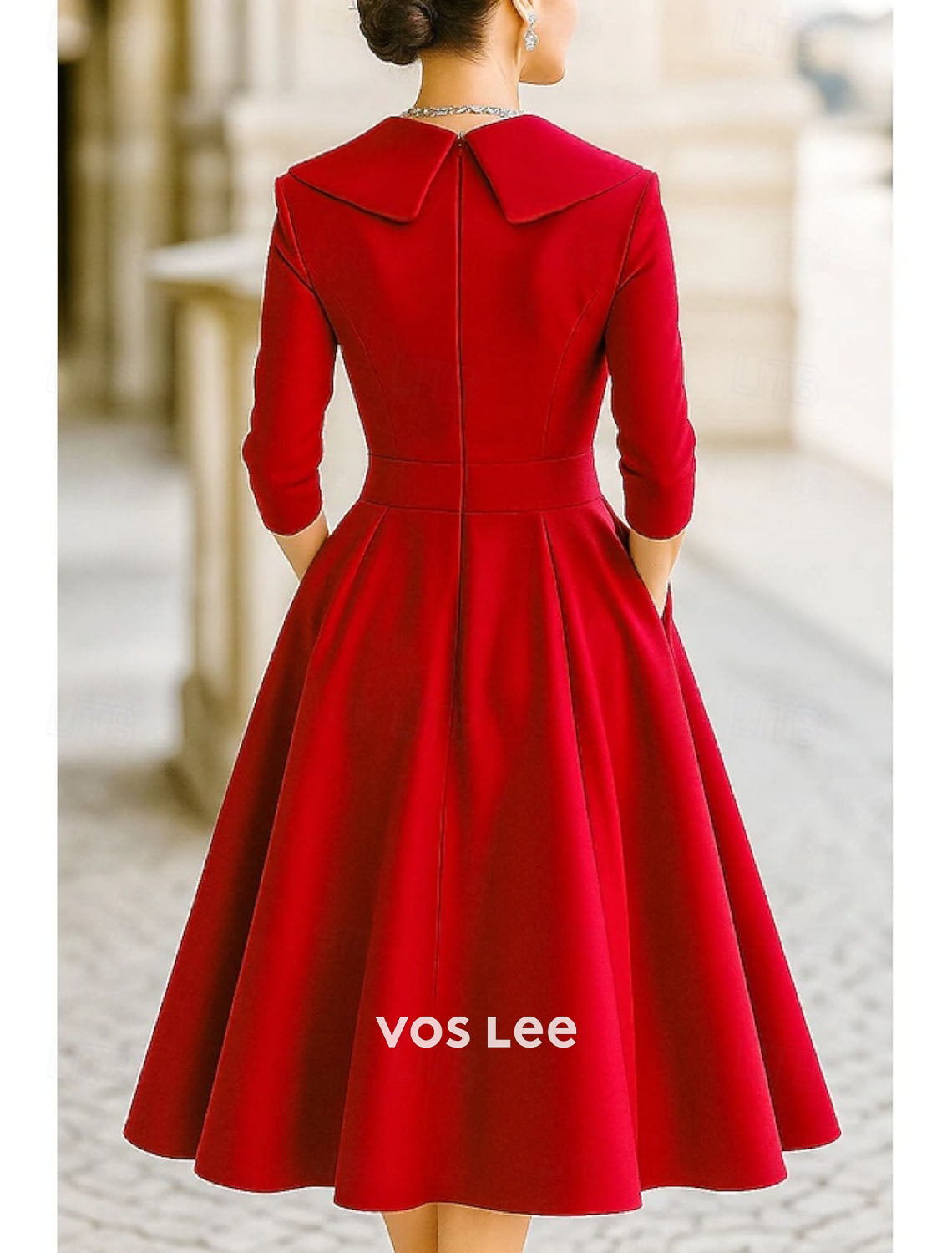 Red Fit-and-Flare Midi Dress | Shawl Collar 3/4 Sleeve Formal Dress with Pockets