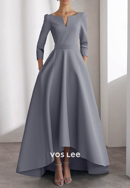 Simple & Casual A-Line V Neck 3/4 Sleeve Pleated Evening Dresses with Sweep Train