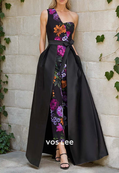 One shoulder A-Line Satin Evening Gown Flower Print Formal Dress