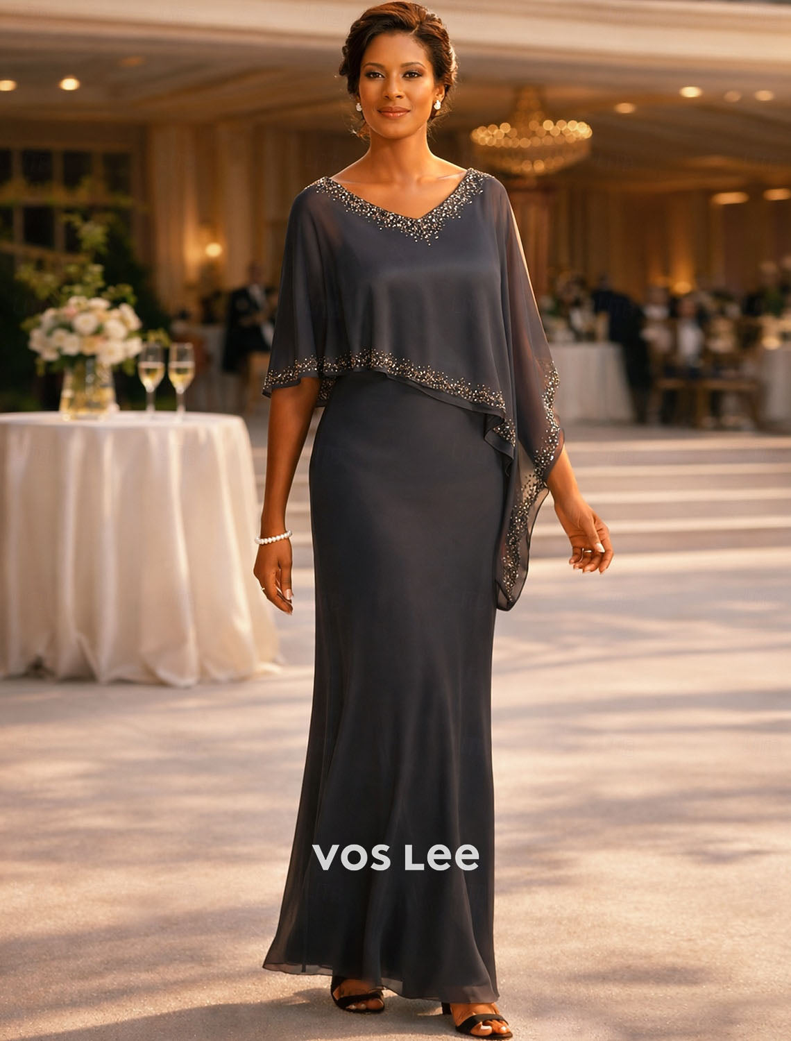Grey Chiffon Cape Overlay Maxi Dress | Beaded V-Neck Formal Evening Gown