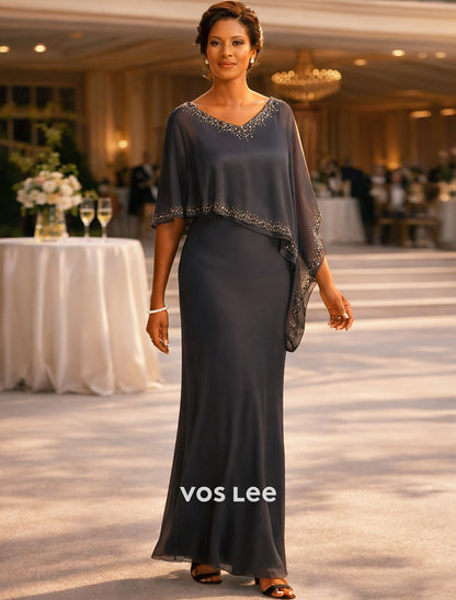 Grey Chiffon Cape Overlay Maxi Dress | Beaded V-Neck Formal Evening Gown