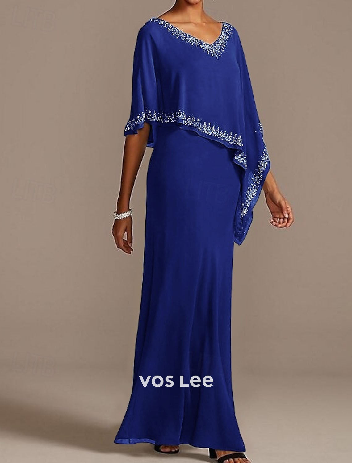Grey Chiffon Cape Overlay Maxi Dress | Beaded V-Neck Formal Evening Gown