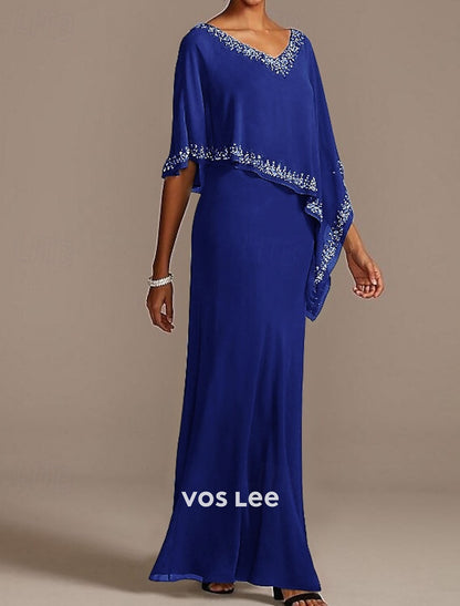 Grey Chiffon Cape Overlay Maxi Dress | Beaded V-Neck Formal Evening Gown