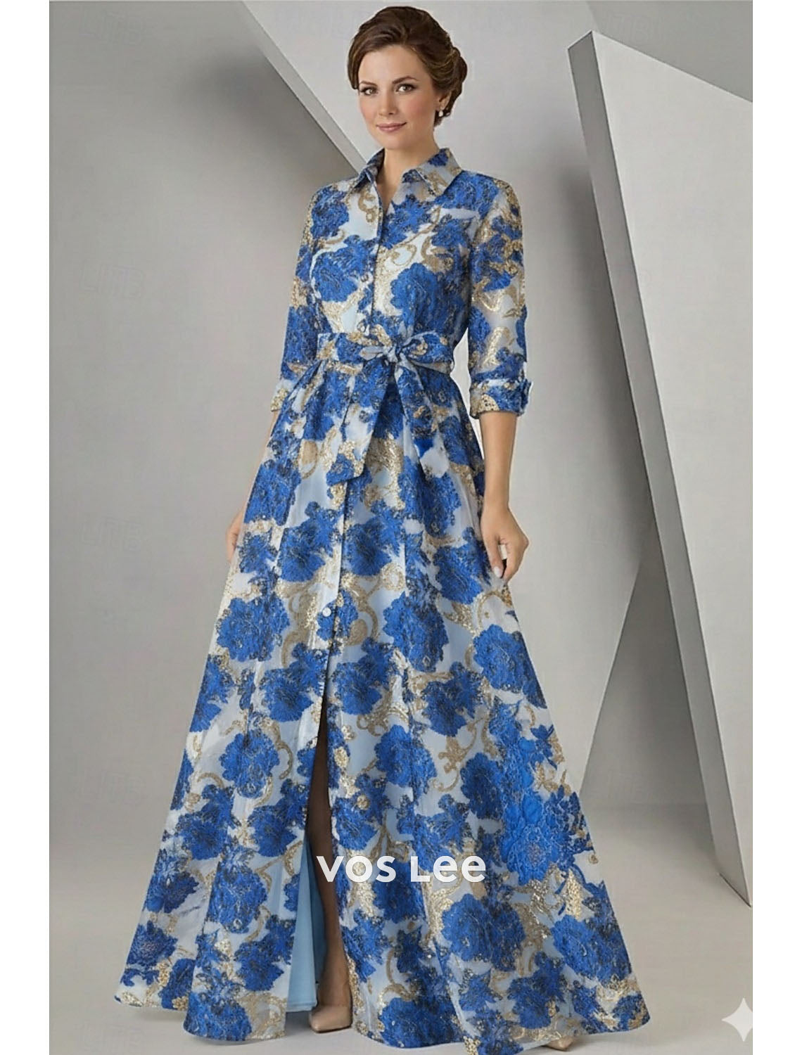 Blush Pink Floral Embroidered Shirt Dress | Belted Waist Rolled Sleeve Maxi Dress with Slit