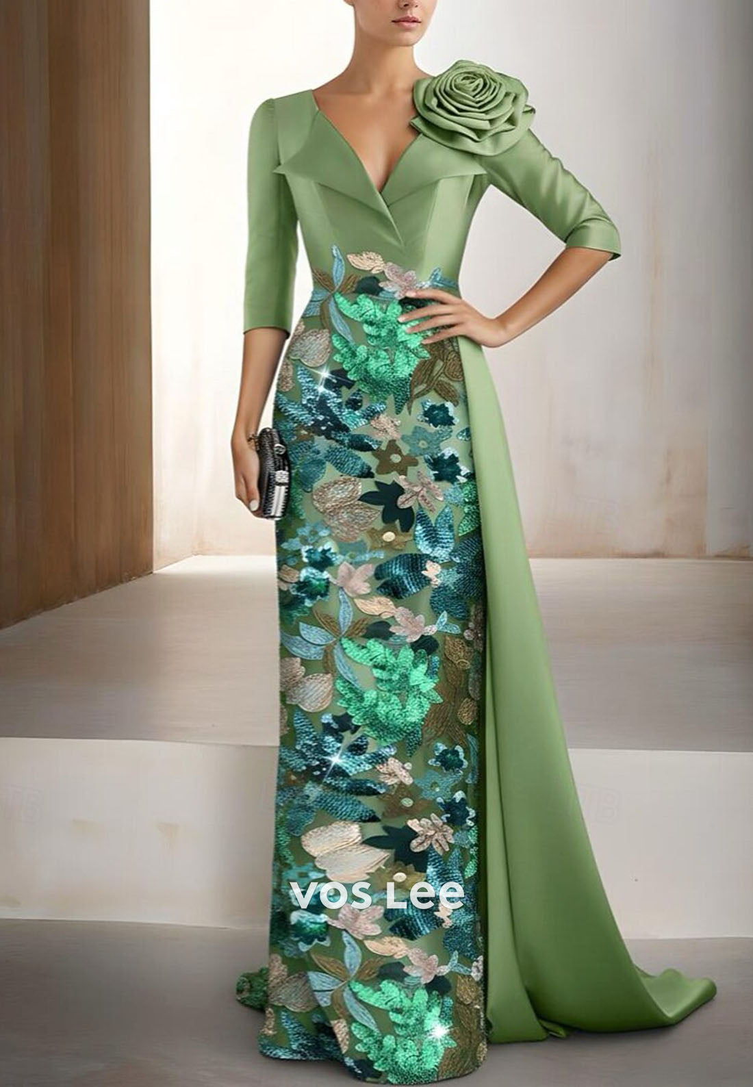 3/4 Sleeves V Neck Sheath Beading Sequins Evening Dress With 3D flower on Shoulder