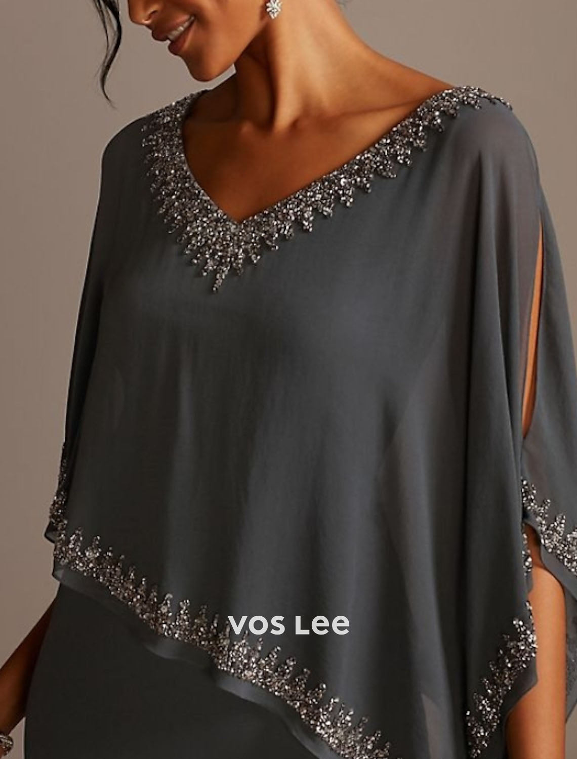 Grey Chiffon Cape Overlay Maxi Dress | Beaded V-Neck Formal Evening Gown