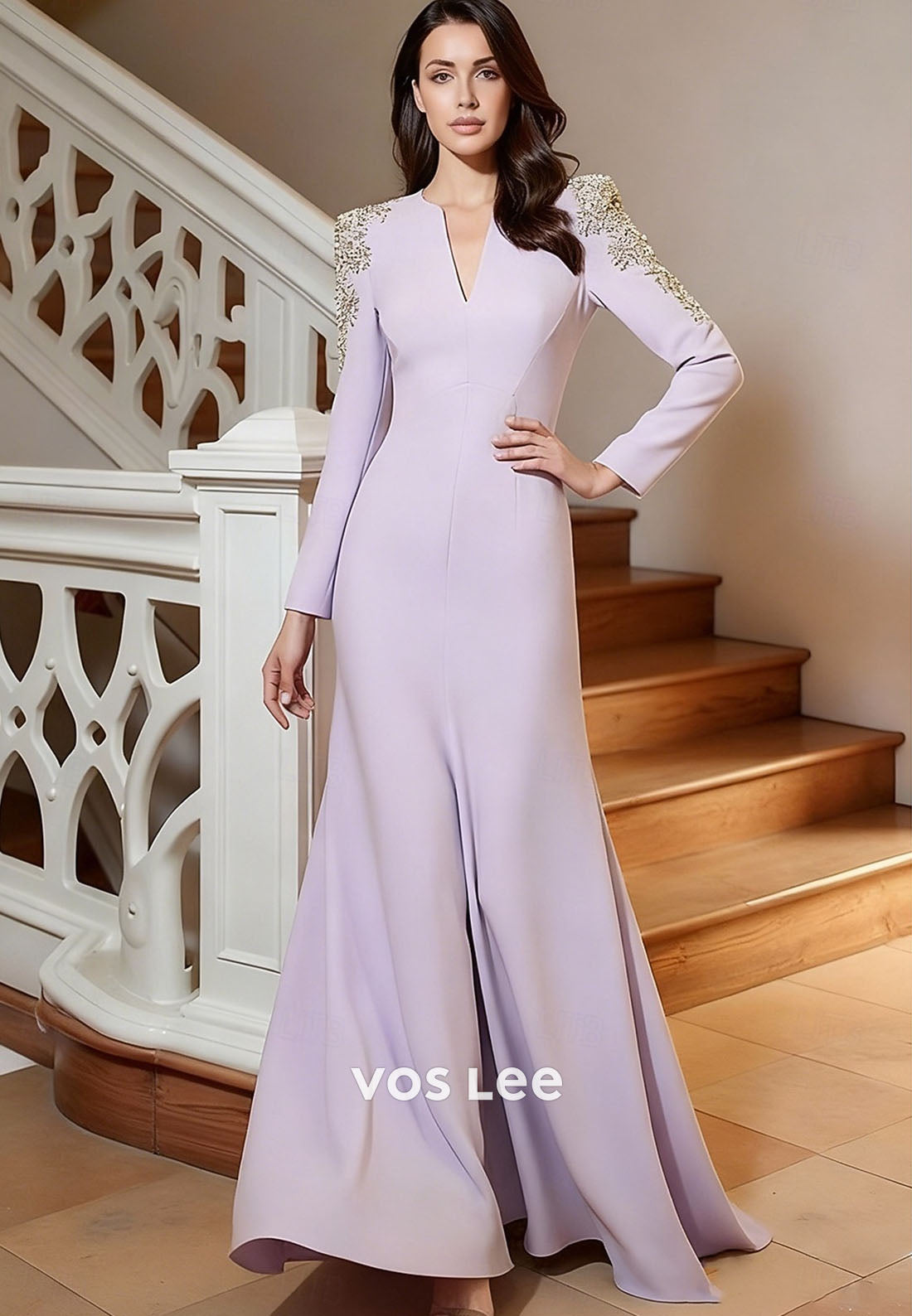 Lavender Evening Gown with Beaded Shoulder Detail – Long Sleeve V-Neck Formal Dress
