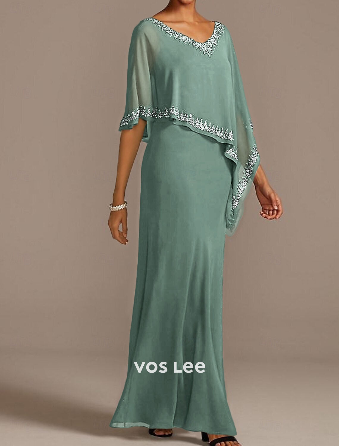 Grey Chiffon Cape Overlay Maxi Dress | Beaded V-Neck Formal Evening Gown