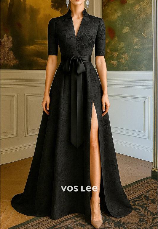 Luxurious Black V Neck Short Sleeve Bowknot Evening Dresses with Split