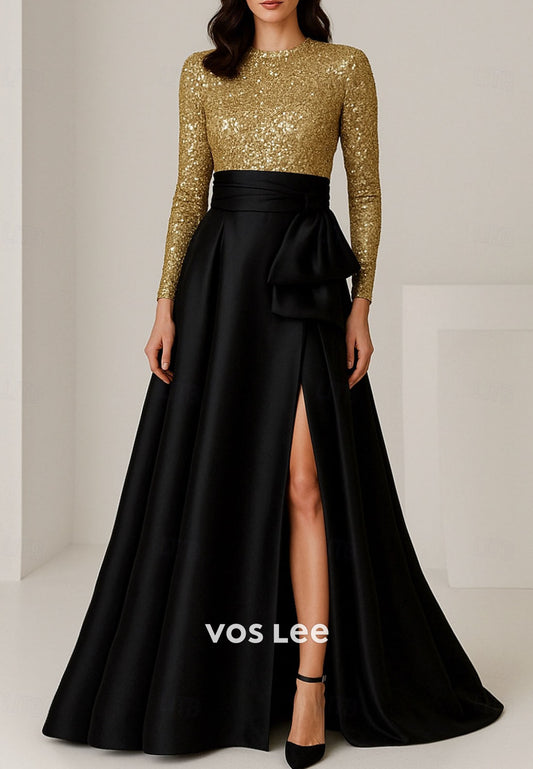 A-Line Floor Length Evening Gown Sequin Long Sleeve Crew Neck Mother Of the Bride Dress