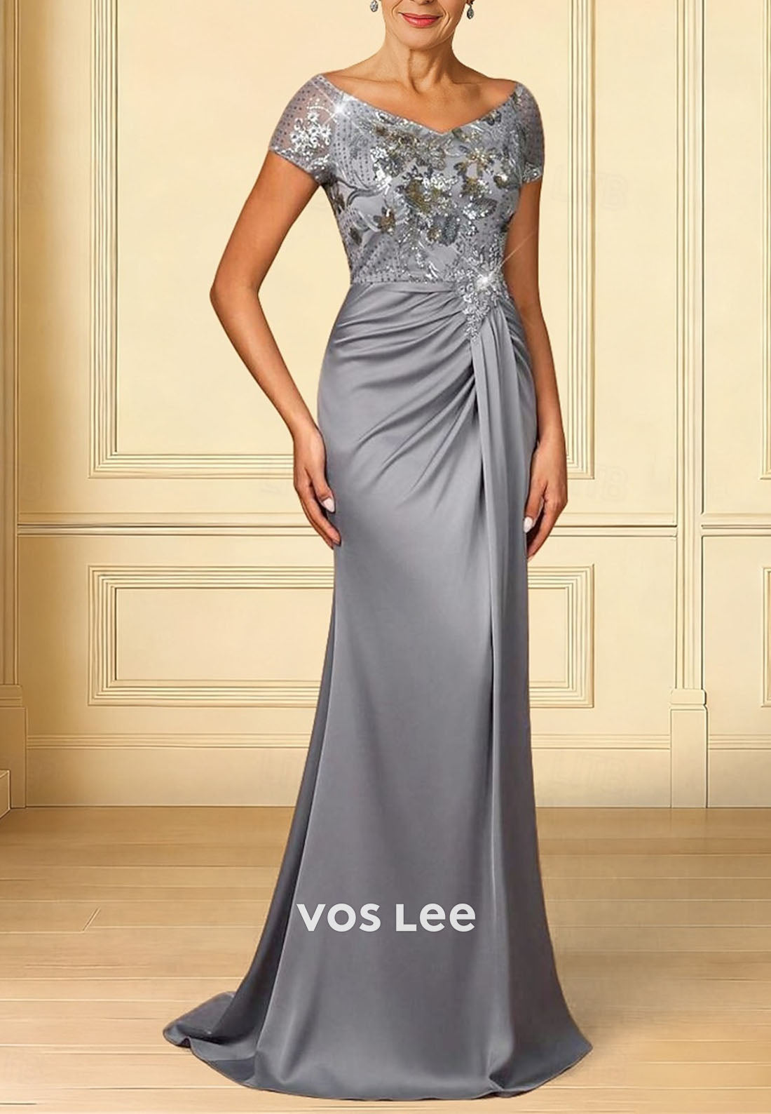 Elegant Short Sleeve Crew Neck Mother Wedding Guest Dress Mermaid Evening Gown