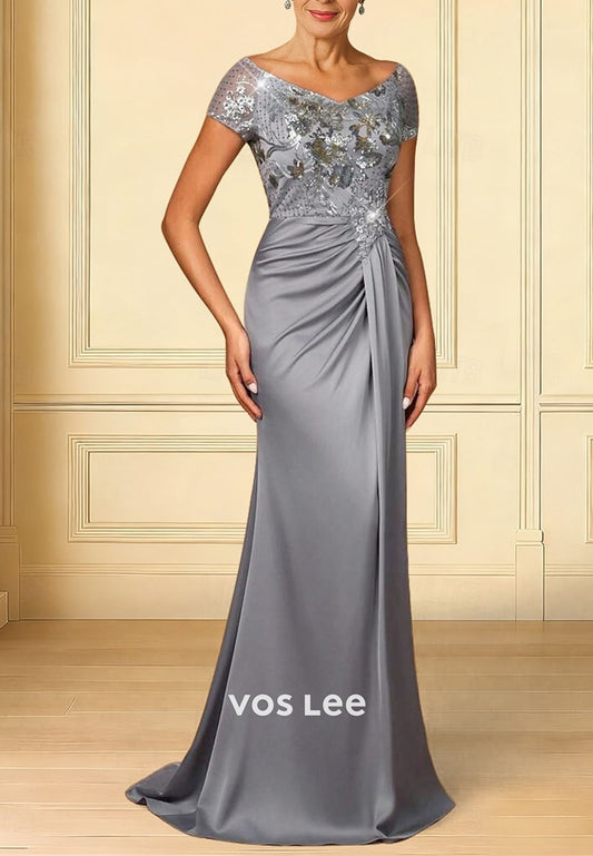 Elegant Short Sleeve Crew Neck Mother Wedding Guest Dress Mermaid Evening Gown