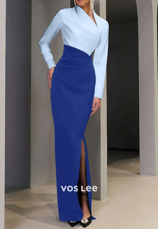 Asymmetrical Neck Long Sleeve Ruched Mermaid Evening Dresses with Side Split