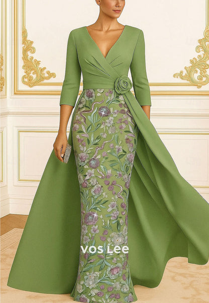 3/4 Length Sleeve A-Line Sheath Floor Length Evening with Glitter Sequin Embroidery Overskirt