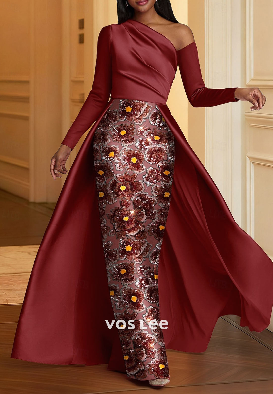 Elegant Long Sleeve Glittering A-Line Evening Gown with Overskirt Sequins Formal Dress