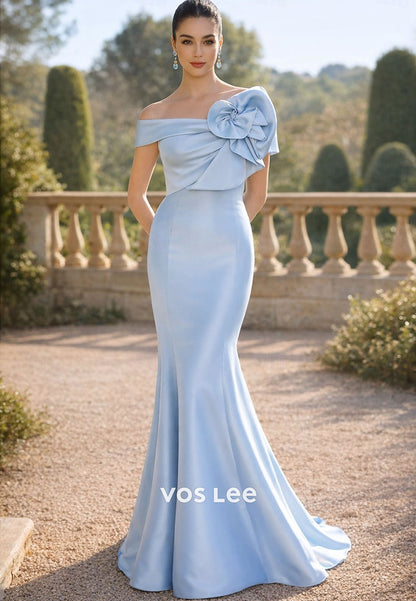 Blue Off-the-Shoulder Mermaid Gown – Satin Formal Dress with Oversized Bow Detail