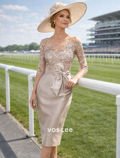 Champagne Lace & Satin Sheath Dress 3/4 Sleeve Illusion Neckline Mother of the Bride Dress